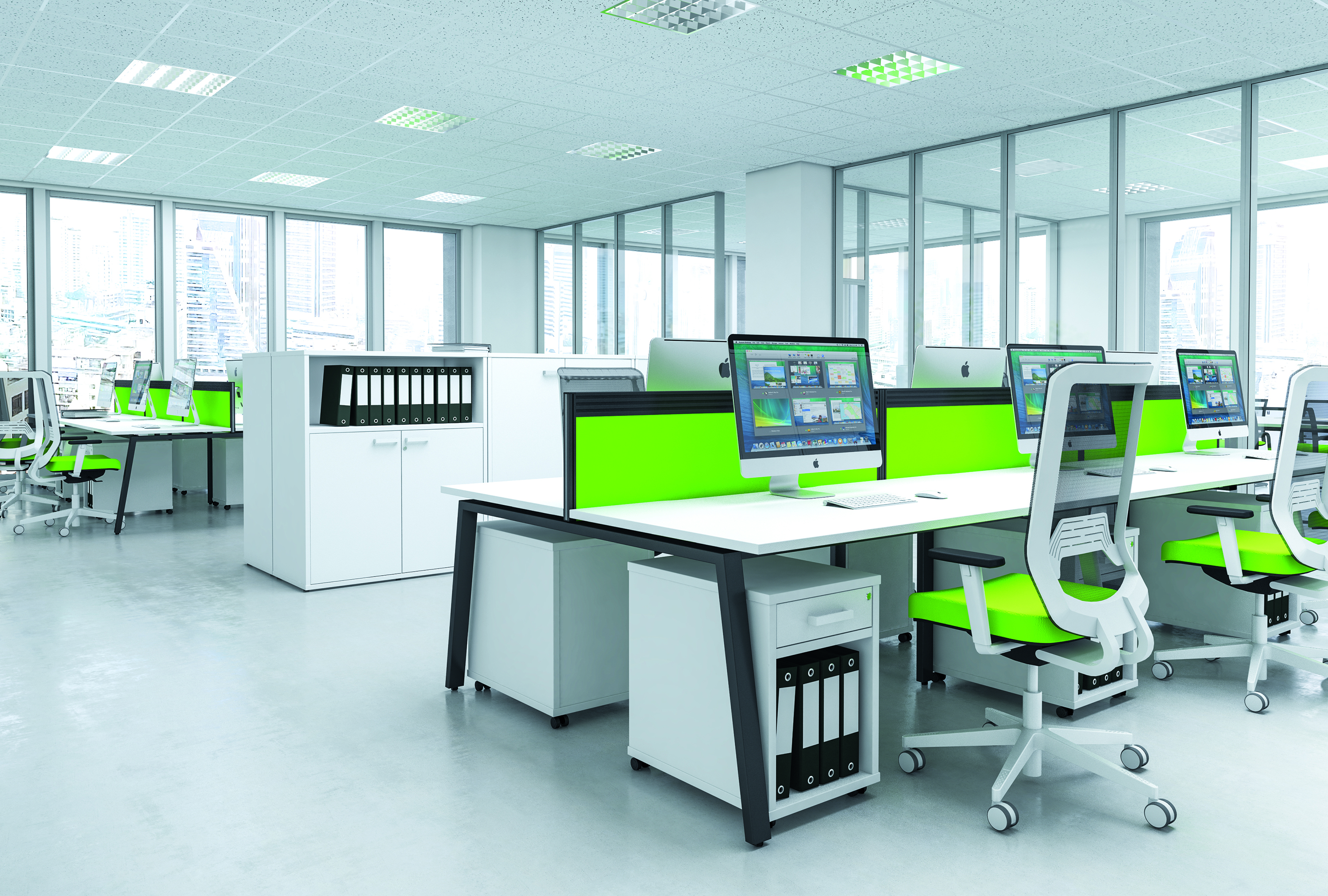 A 3D render of an office design from Flow. Modern lime green and white office design with ergonomic seating. A 3D render of an office design from Flow. Modern lime green and white office design with ergonomic seating.