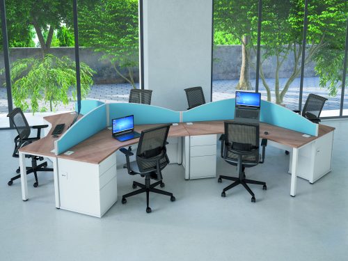 Shaped corner desks with partitioning, wood effect surfaces with white drawers.
