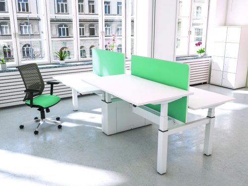 A real trend in office refit right now are 'standing desks'. Like these white standing desks pictured, they are mains operated. Great for posture, ergonomics and staying active in the office.