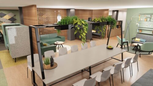 a rendered image of an office designed around airflow and keeping cool, with shading panels dividing the space and hanging plants
