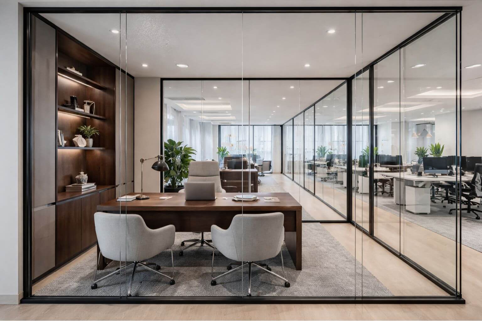 Glazed partner office in a contemporary legal workspace showing acoustic privacy with visual connection to the wider floor