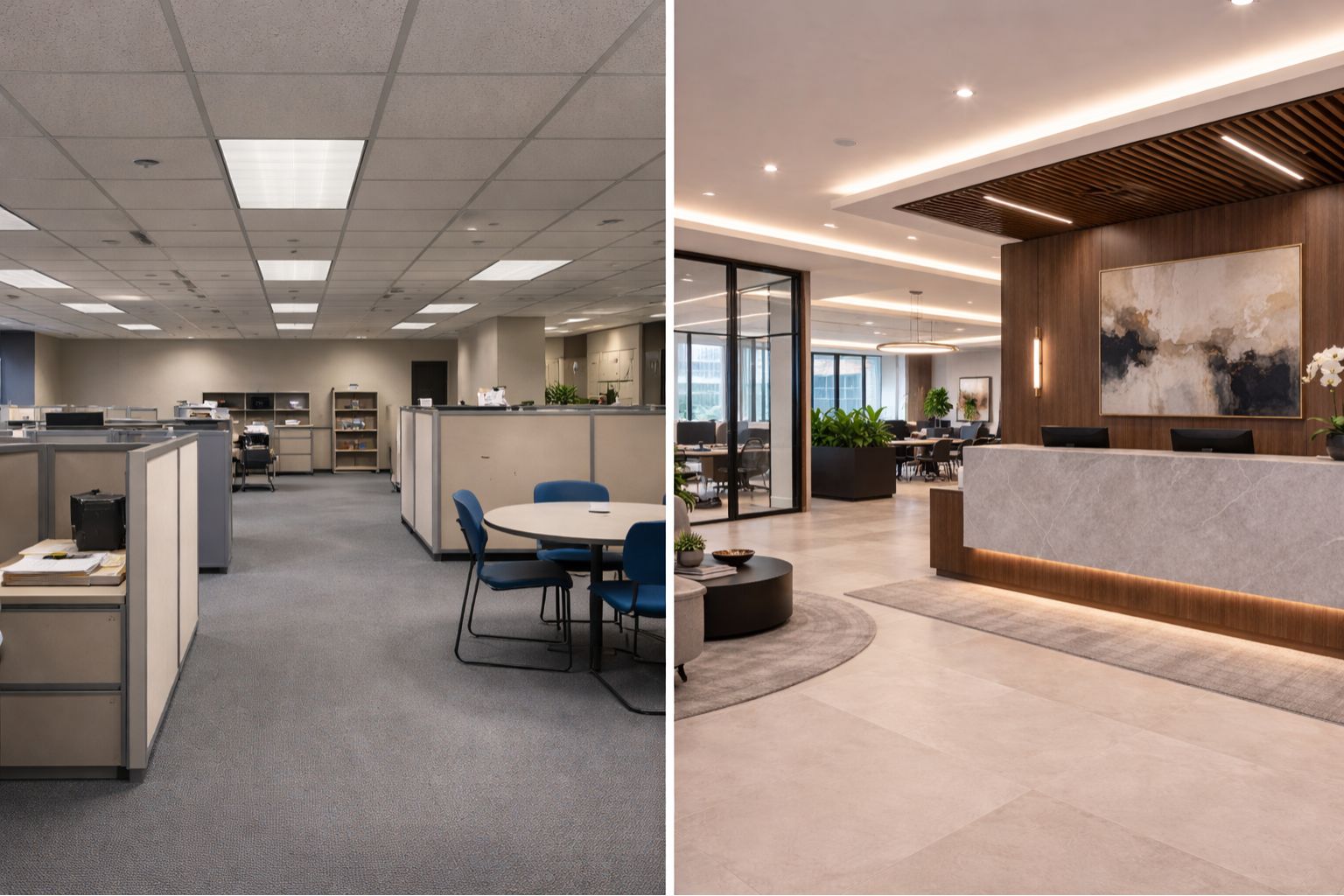 Side-by-side photo of a dated Grade B office floor versus a modern Grade A reception and collaboration space
