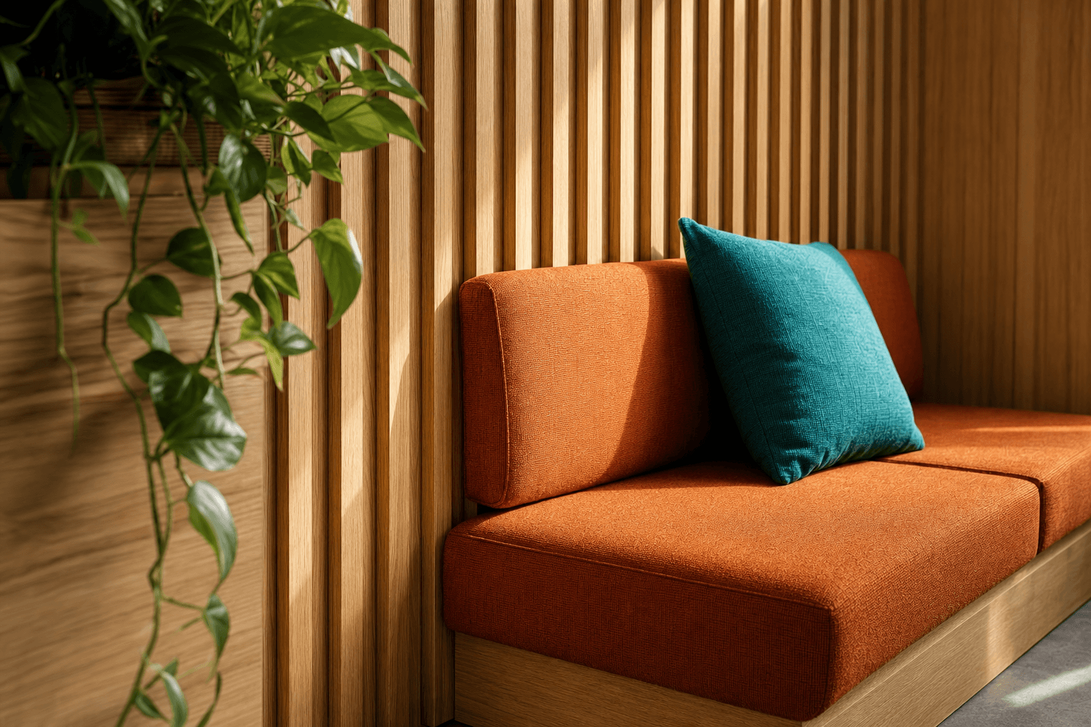 A closeup of a corner in an office, with wood panelling on the walls, a trailing plant on a shelf, and a colourful cushioned bench showcasing brand colours.
