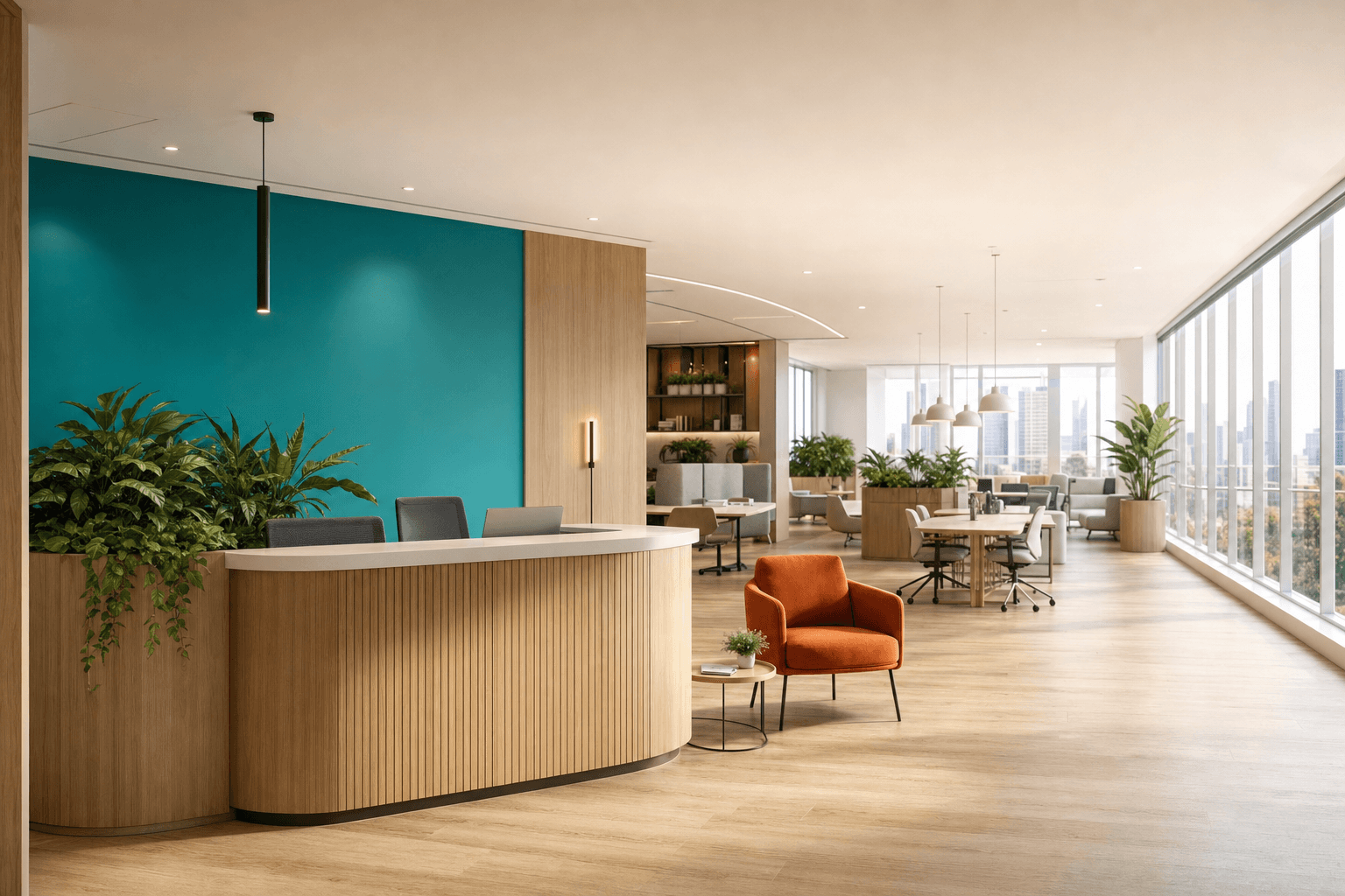 A modern office with a bright teal wall behind a light oak reception desk, opposite floor-to-ceiling windows. In the background, there are modern desks and break out areas, potted plants and shelving dividers