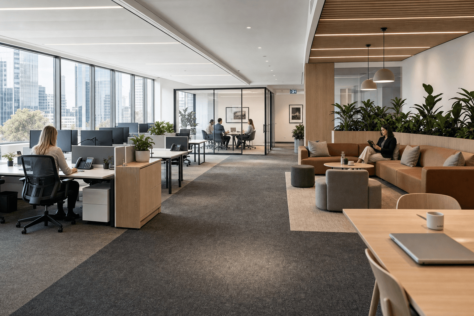 A sunlit office with windows and desks along one wall and a breakout area on the right. Colour palette is warm neutrals, highlighting the rising temperature in office