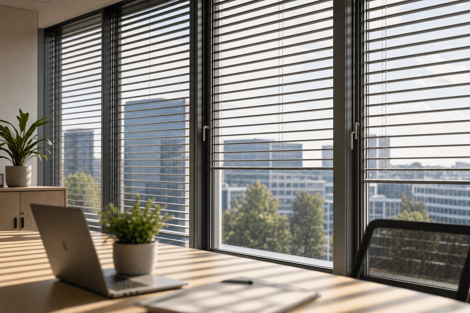 Sun shines through an office window onto a desk, casting striped shadows from the blinds.