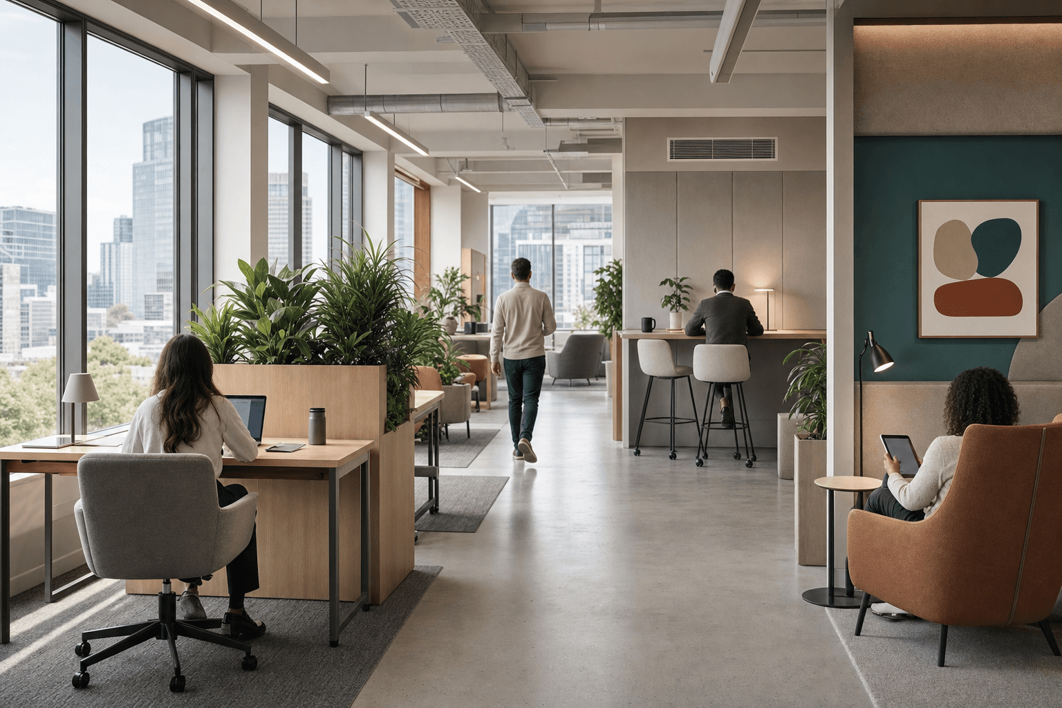 A modern office design with multiple types of seating, with desks on the left, comfortable chairs on the right and raised cafe style areas in the middle distance. Plants help cool the space.