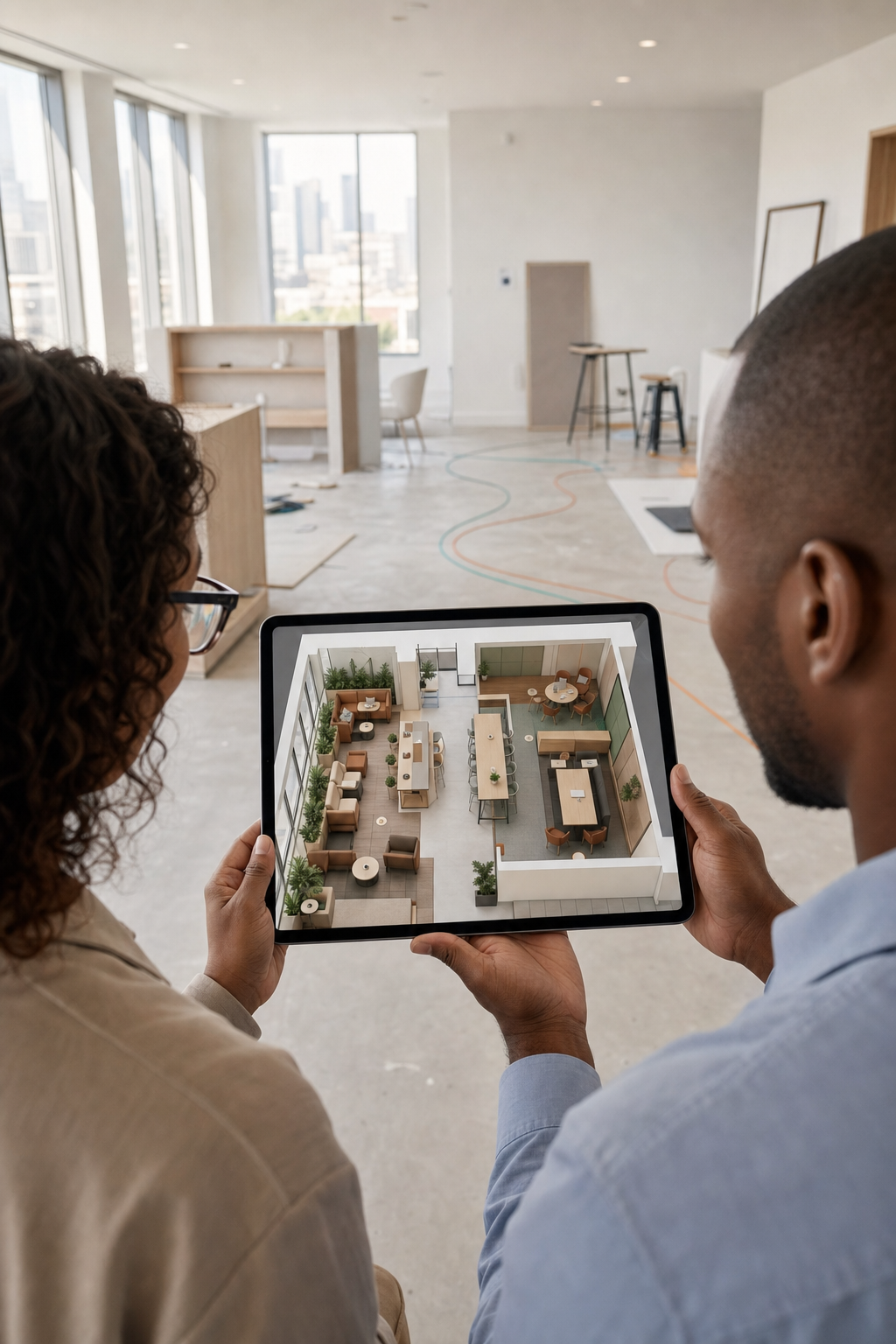 A close, over-the-shoulder shot of two people looking at a tablet or large screen showing a photo-real 3D rendered floor plan of an office, held up in front of the same space mid-fit-out (visible bare walls, floor markings, or partially installed furniture behind them). The rendered plan on the screen should read as clearly more finished and colour-zoned than the real room behind it, making the "see it before you build it" contrast obvious at a glance. Natural lighting.