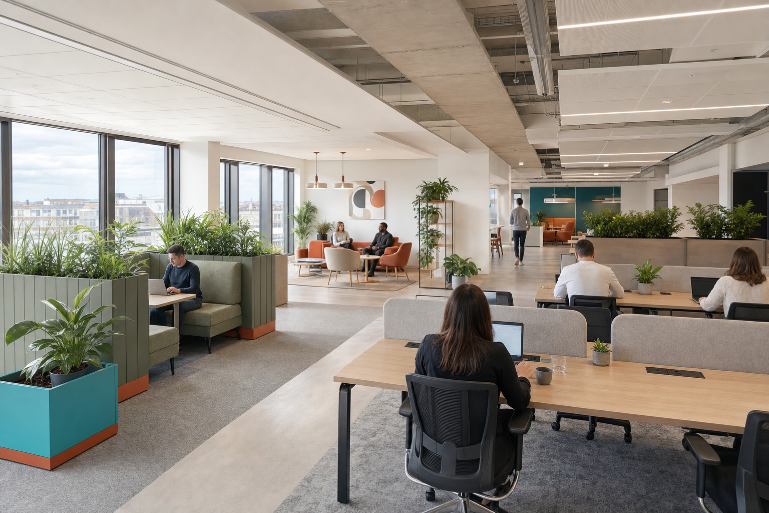 A 'broken-plan' office with different zones, with comfortable booths, hot-desking spaces, and breakout areas in the background